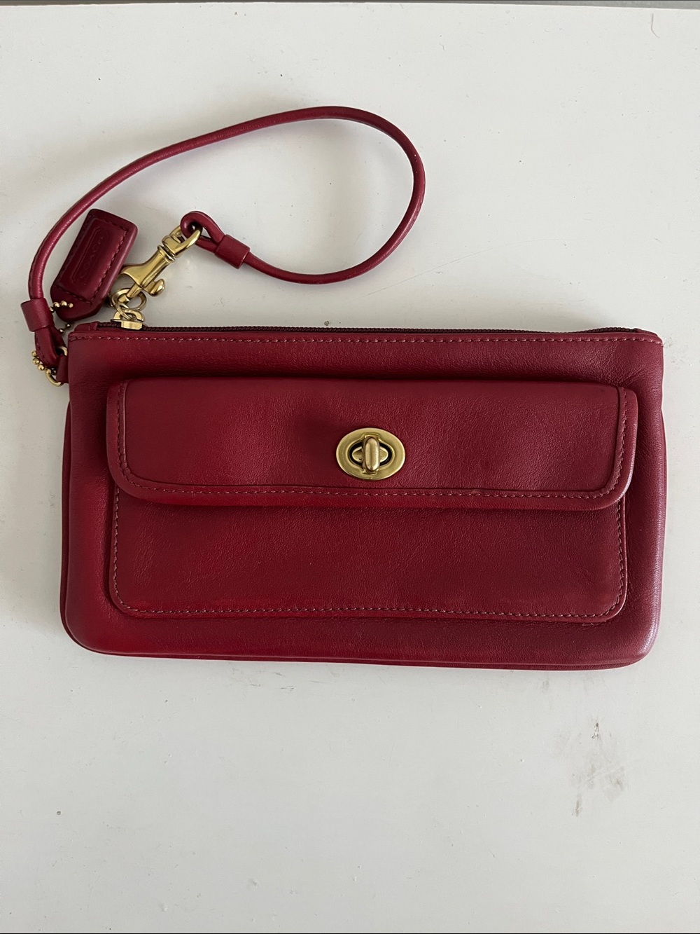 Vintage Red Coach Legacy Leather Wristlet w/ brass hardware